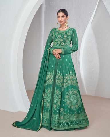 Green Thread Work Georgette Readymade Anarkali Suit With Lehenga