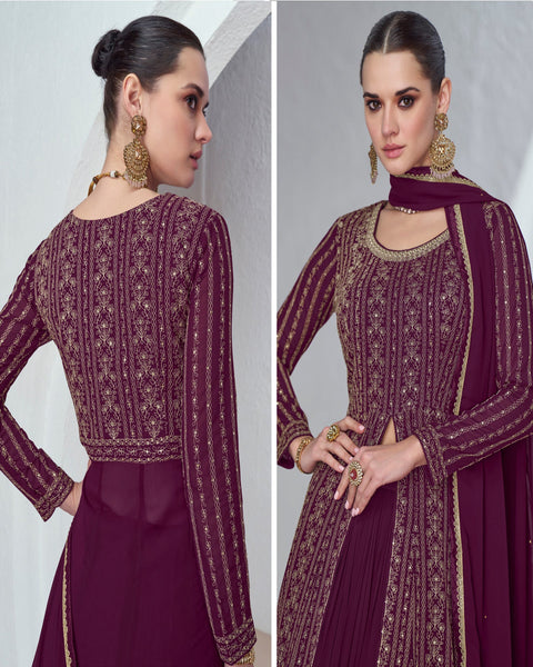 Purple Thread Work Georgette Readymade Anarkali Suit With Lehenga