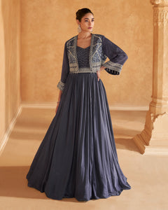 Blue Floor Length Chinnon Silk Women Readymade Anarkali Gown With Embroidered Jacket