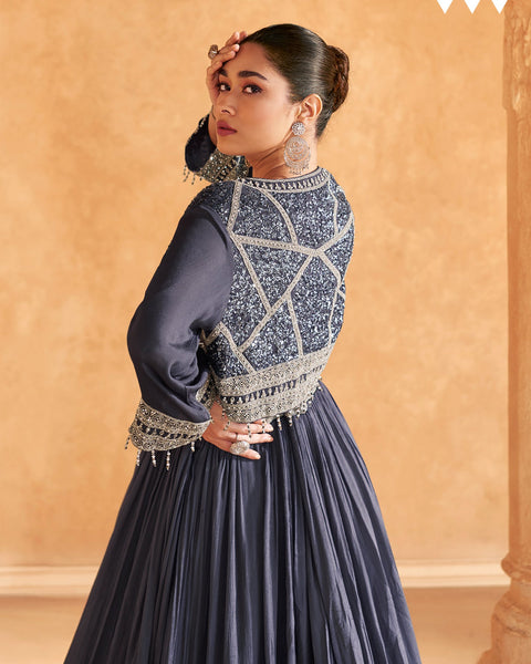 Blue Floor Length Chinnon Silk Women Readymade Anarkali Gown With Embroidered Jacket