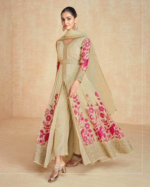 Beige Gold Floor Length Sequins Work Silk Readymade Anarkali Suit With Net Dupatta