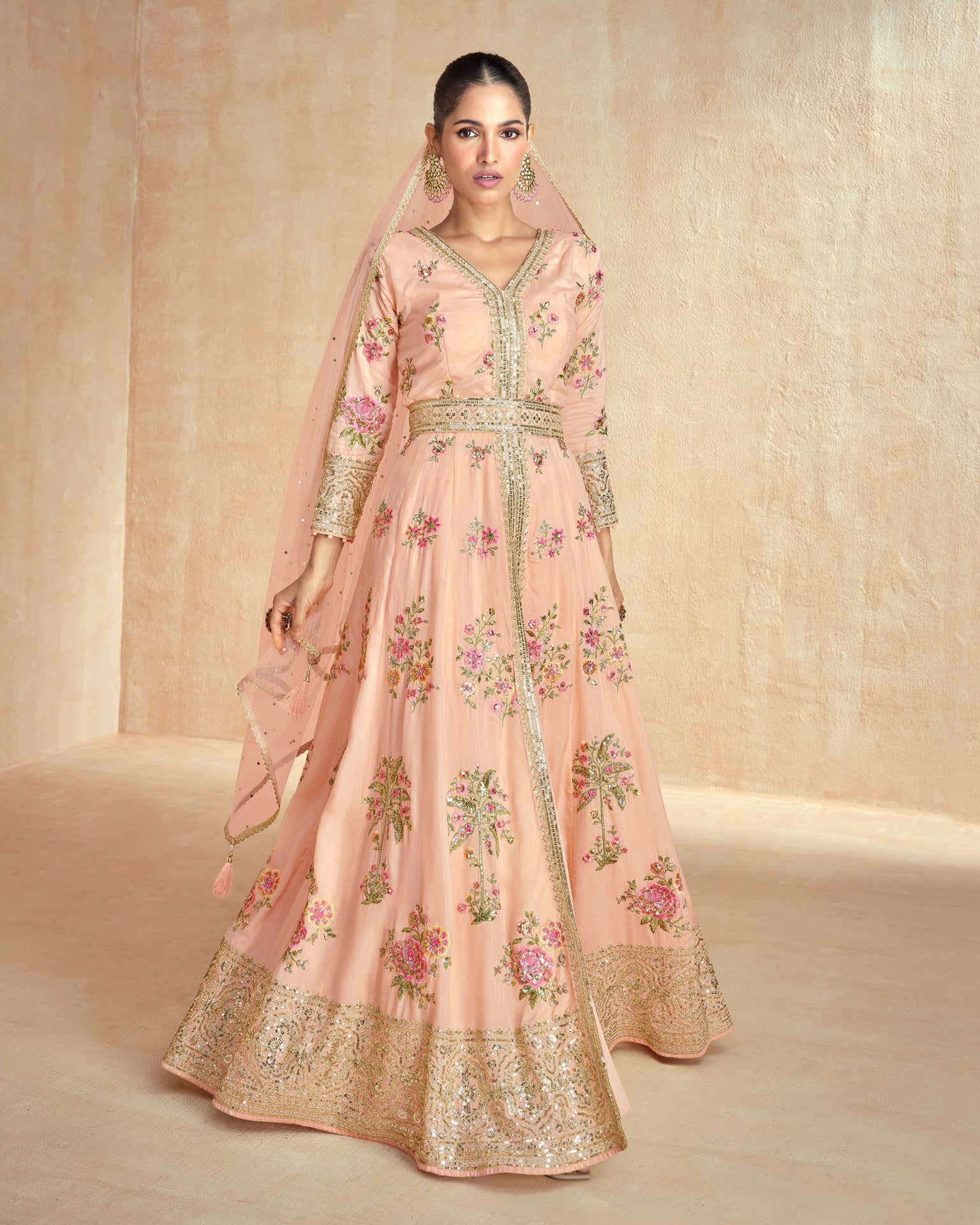 Pink Floor Length Sequins Work Silk Readymade Anarkali Suit With Net Dupatta