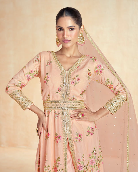 Pink Floor Length Sequins Work Silk Readymade Anarkali Suit With Net Dupatta