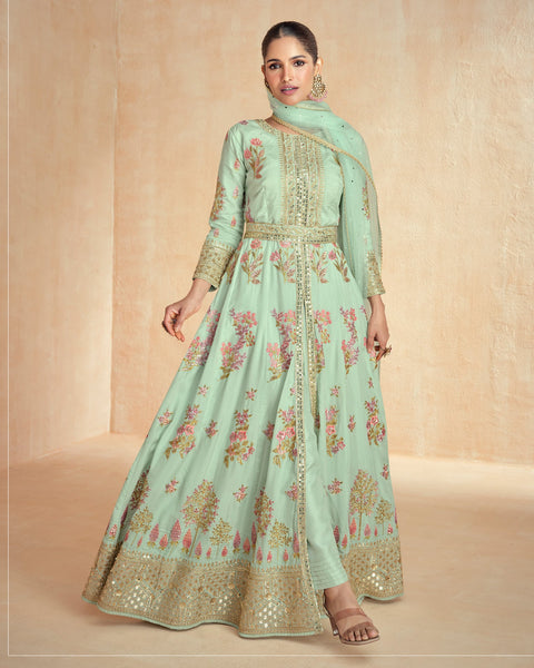 Sea Green Floor Length Sequins Work Silk Readymade Anarkali Suit With Net Dupatta