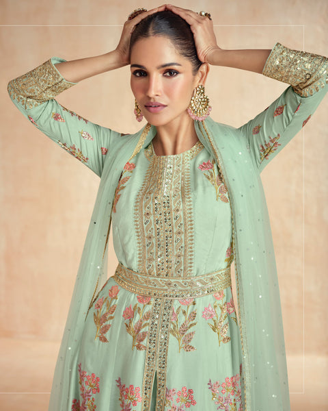 Sea Green Floor Length Sequins Work Silk Readymade Anarkali Suit With Net Dupatta