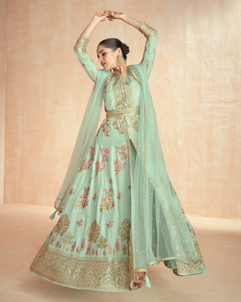 Sea Green Floor Length Sequins Work Silk Readymade Anarkali Suit With Net Dupatta