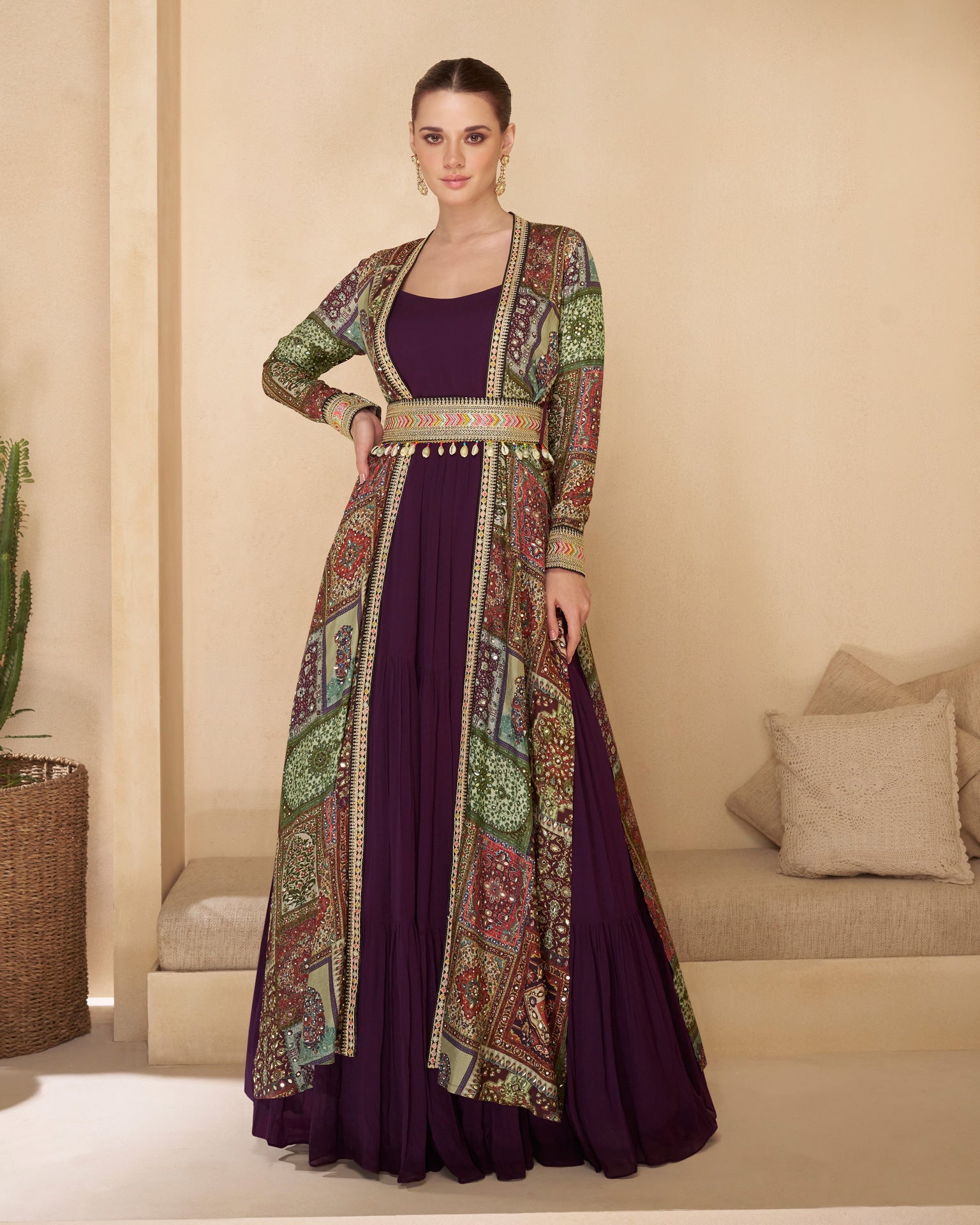 Wine Floor Length Pure Georgette Readymade Anarkali Gown With Silk Hand Work Long Jacket