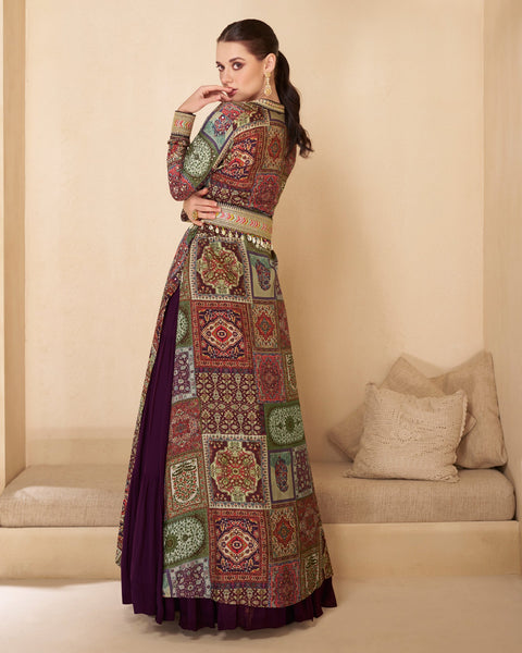 Wine Floor Length Pure Georgette Readymade Anarkali Gown With Silk Hand Work Long Jacket