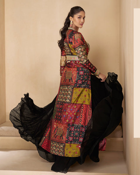 Black Floor Length Pure Georgette Readymade Anarkali Gown With Silk Hand Work Long Jacket