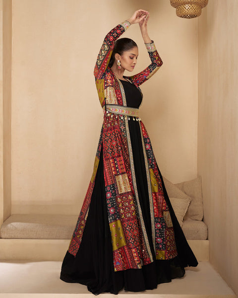 Black Floor Length Pure Georgette Readymade Anarkali Gown With Silk Hand Work Long Jacket