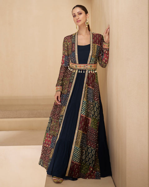 Blue Floor Length Pure Georgette Readymade Anarkali Gown With Silk Hand Work Long Jacket