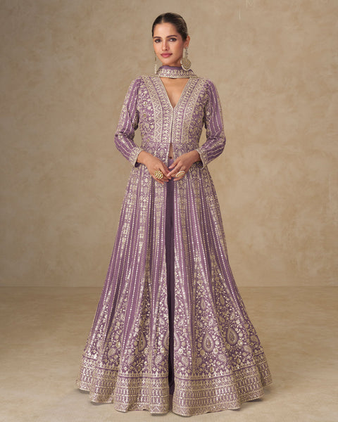 Pink Thread Sequins Work Women Chinnon Silk Readymade Anarkali Suit With Dupatta