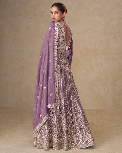 Lavender Thread Sequins Work Women Chinnon Silk Readymade Anarkali With Skirt