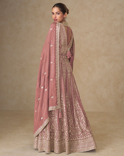 Pink Thread Sequins Work Women Chinnon Silk Readymade Anarkali With Skirt