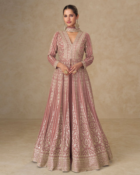 Pink Thread Sequins Work Women Chinnon Silk Readymade Anarkali With Skirt