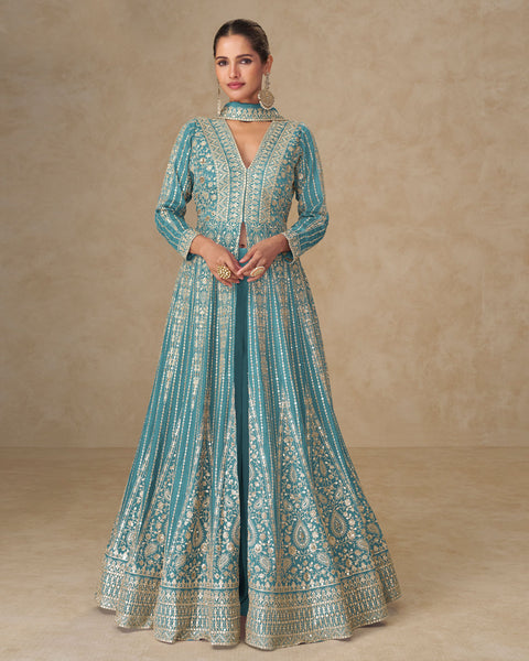Light Blue Thread Sequins Work Women Chinnon Silk Readymade Anarkali With Skirt