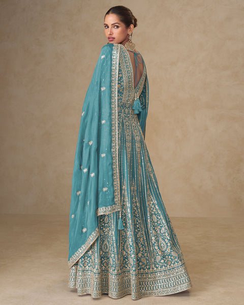 Light Blue Thread Sequins Work Women Chinnon Silk Readymade Anarkali With Skirt