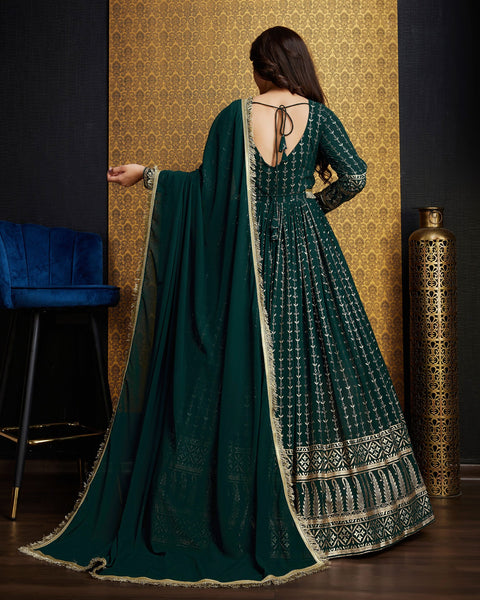 Green Faux Georgette Metalic Foil Work Floor Length Gown With Dupatta