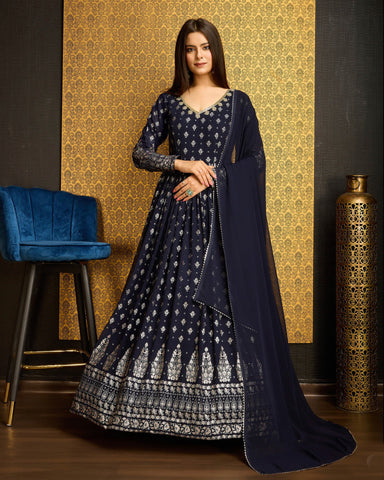 Navy Blue Faux Georgette Metalic Foil Work Floor Length Gown With Dupatta