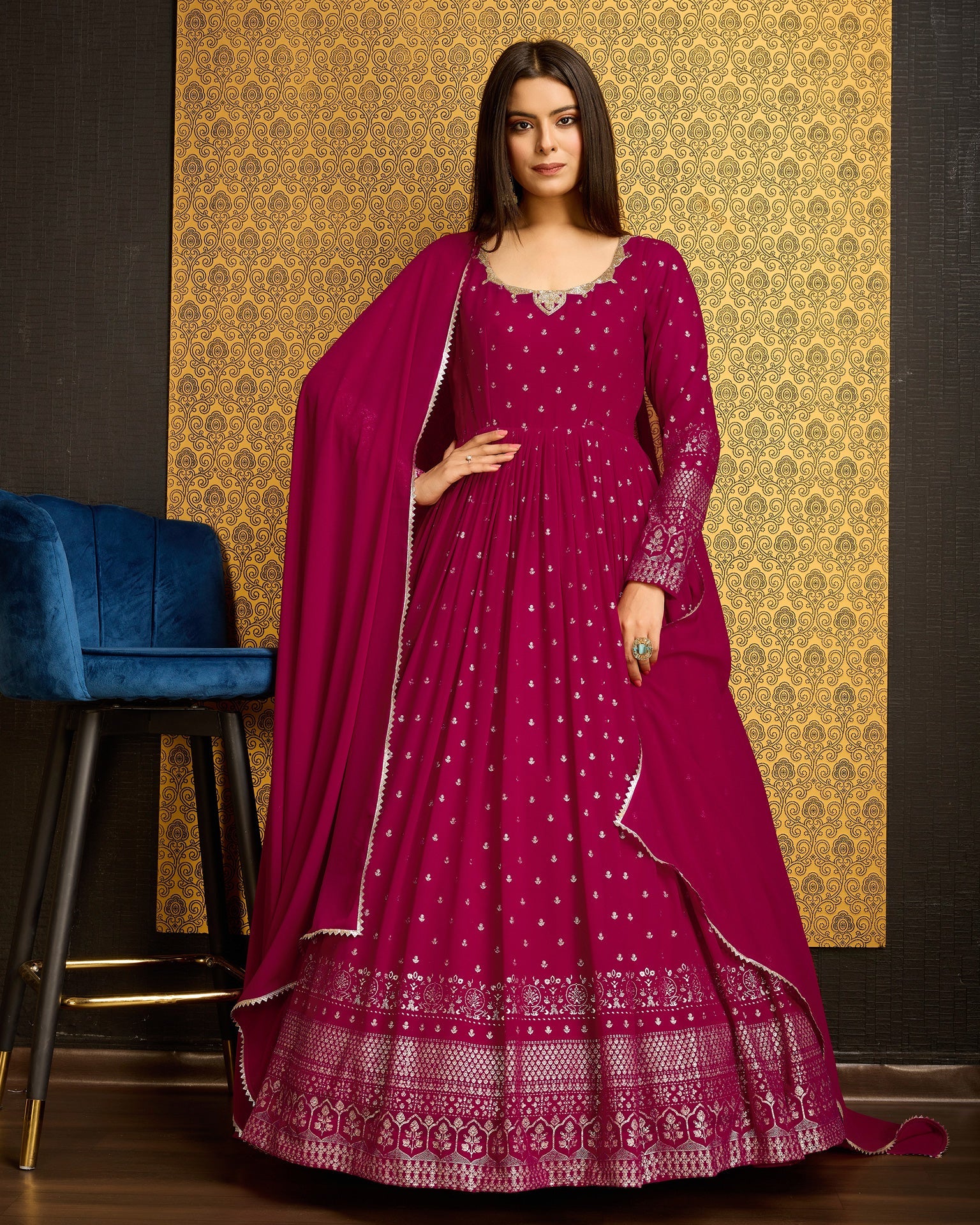 Rani Pink Faux Georgette Metalic Foil Work Floor Length Gown With Dupatta