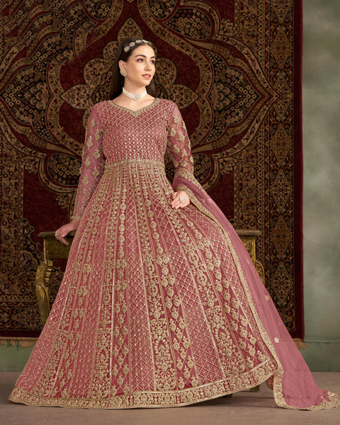 Pink Net Sequins & Zari Work Women Customized Anarkali Frock Suit With Net Embroidered Dupatta