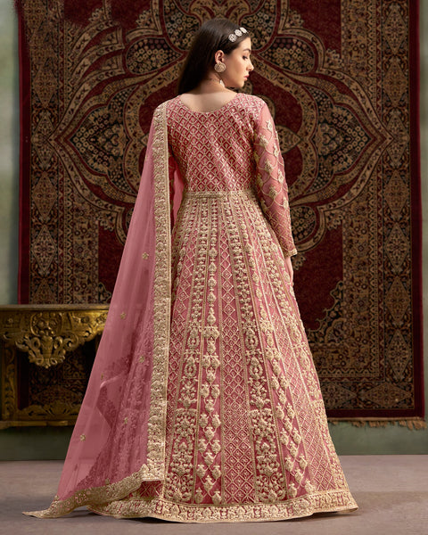 Pink Net Sequins & Zari Work Women Customized Anarkali Frock Suit With Net Embroidered Dupatta