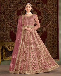 Pink Net Sequins & Zari Work Women Customized Anarkali Frock Suit With Net Embroidered Dupatta