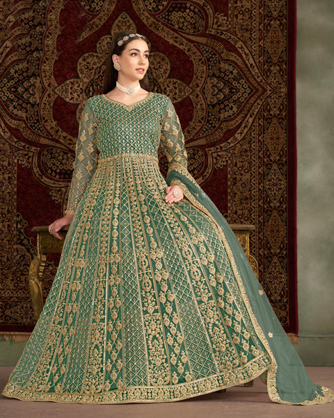 Green Net Sequins & Zari Work Women Customized Anarkali Frock Suit With Net Embroidered Dupatta