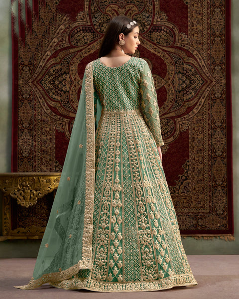 Green Net Sequins & Zari Work Women Customized Anarkali Frock Suit With Net Embroidered Dupatta