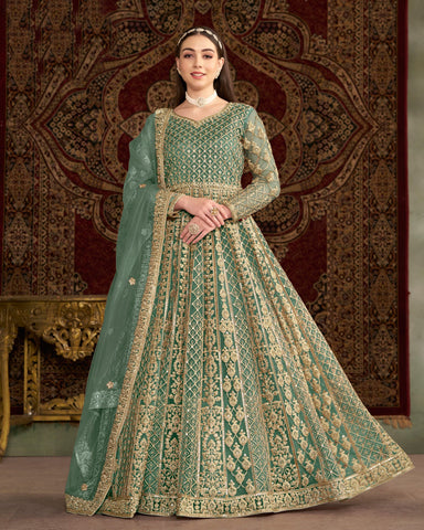 Green Net Sequins & Zari Work Women Customized Anarkali Frock Suit With Net Embroidered Dupatta