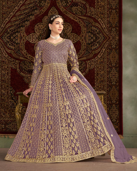 Purple Net Sequins & Zari Work Women Customized Anarkali Frock Suit With Net Embroidered Dupatta