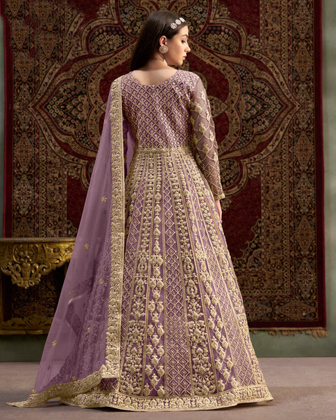 Purple Net Sequins & Zari Work Women Customized Anarkali Frock Suit With Net Embroidered Dupatta