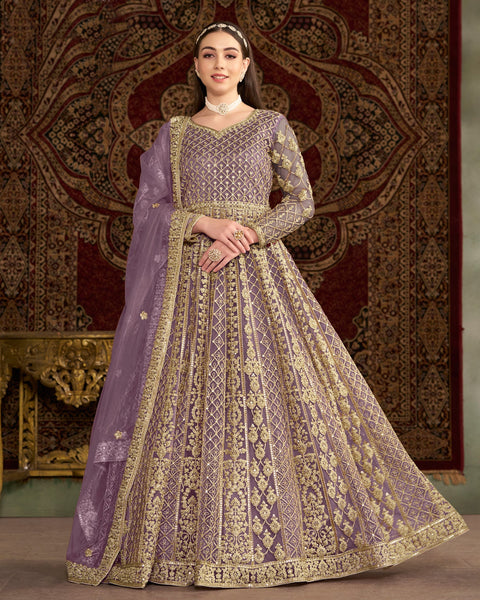 Purple Net Sequins & Zari Work Women Customized Anarkali Frock Suit With Net Embroidered Dupatta