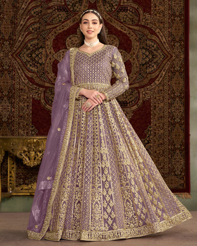 Purple Net Sequins & Zari Work Women Customized Anarkali Frock Suit With Net Embroidered Dupatta