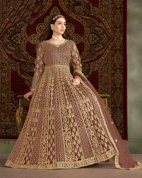 Brown Net Sequins & Zari Work Women Customized Anarkali Frock Suit With Net Embroidered Dupatta