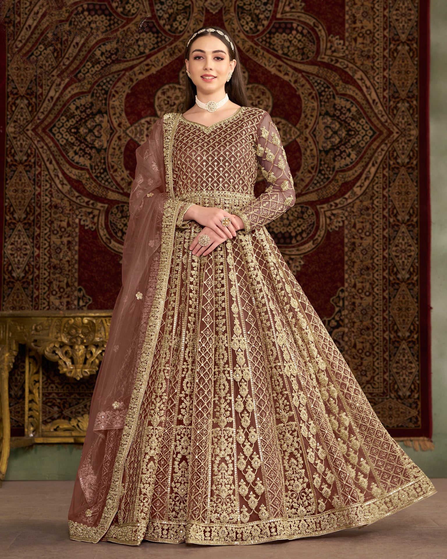 Brown Net Sequins & Zari Work Women Customized Anarkali Frock Suit With Net Embroidered Dupatta