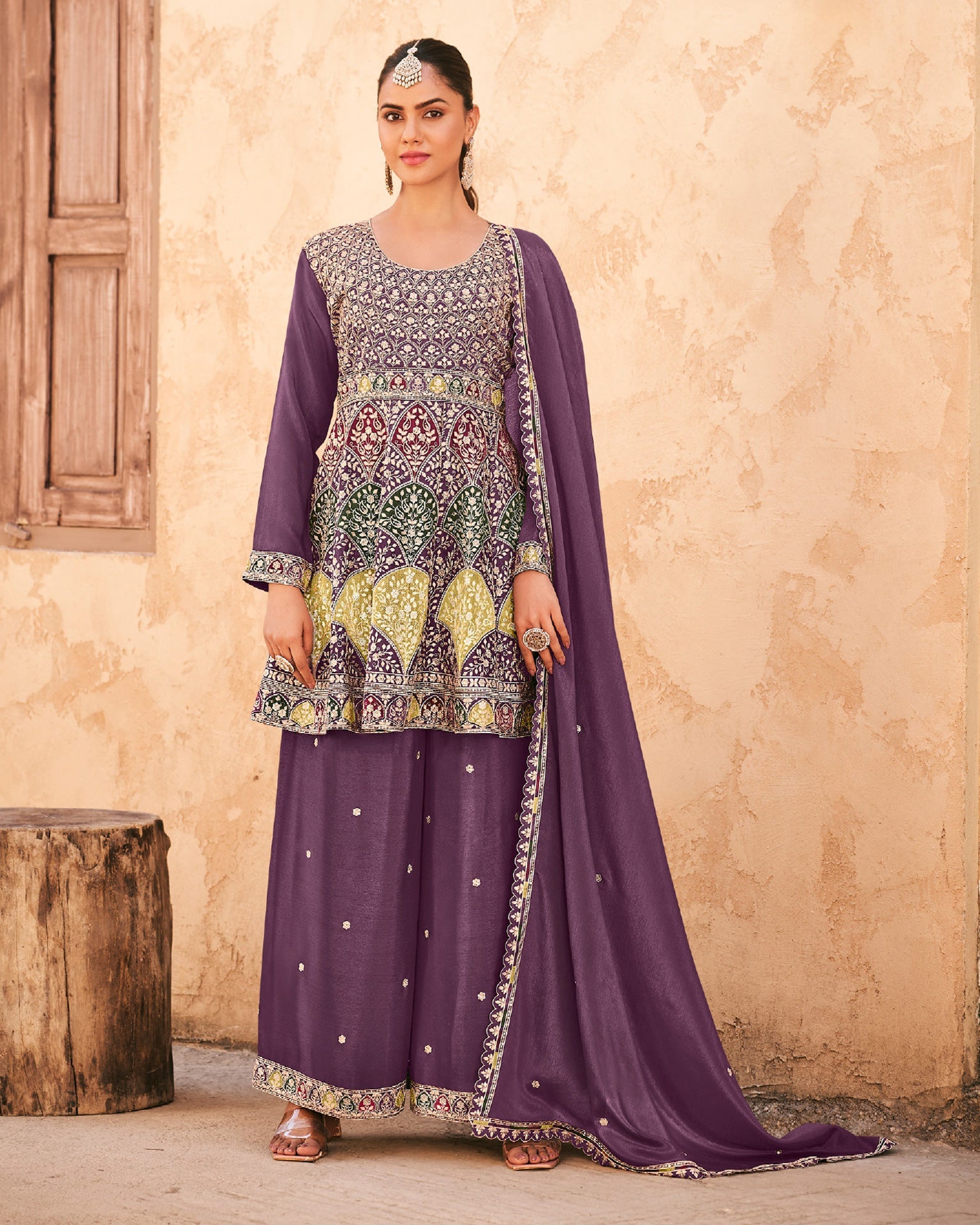 Purple Chinnon Silk Embroidered Women Readymade Frock Suit