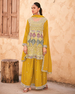 Yellow Chinnon Silk Embroidered Women Readymade Frock Suit