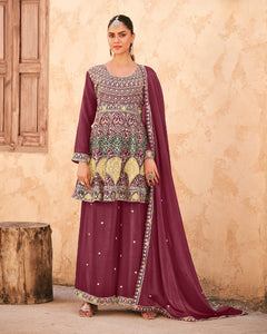 Wine Chinnon Silk Embroidered Women Readymade Frock Suit