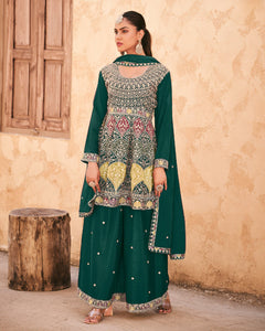Green Chinnon Silk Embroidered Women Readymade Frock Suit