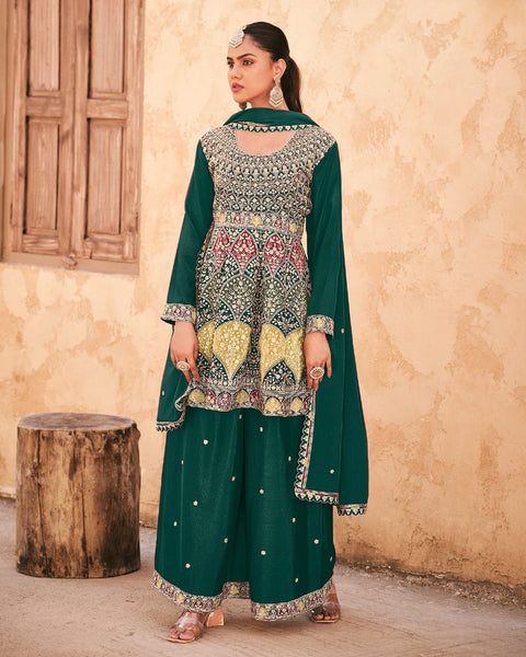 Green Chinnon Silk Embroidered Women Readymade Frock Suit