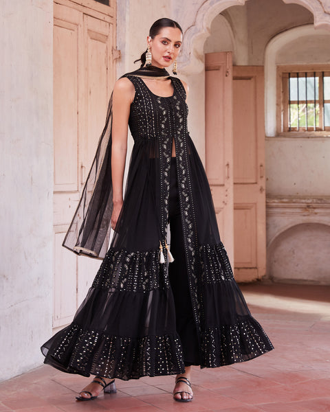 Black Thread & Zari Work Readymade Anarkali Suit In Georgette Fabric