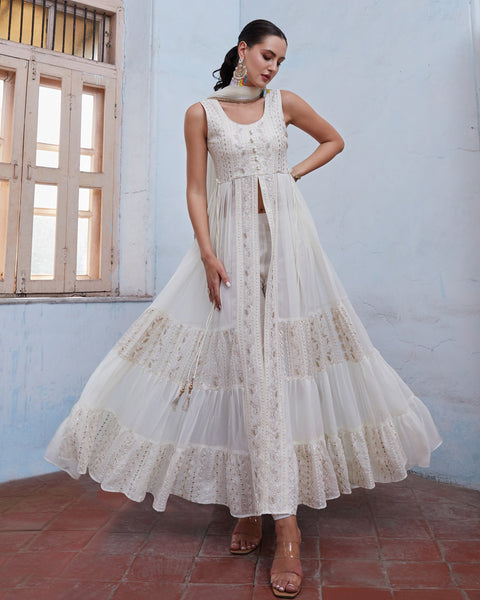 Off White Thread & Zari Work Readymade Anarkali Suit In Georgette Fabric