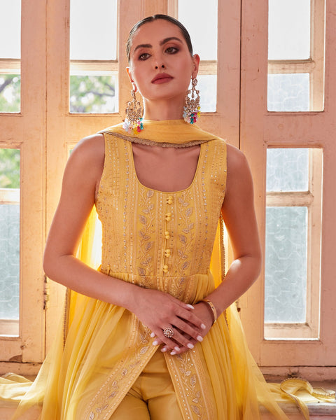 Yellow Thread & Zari Work Readymade Anarkali Suit In Georgette Fabric