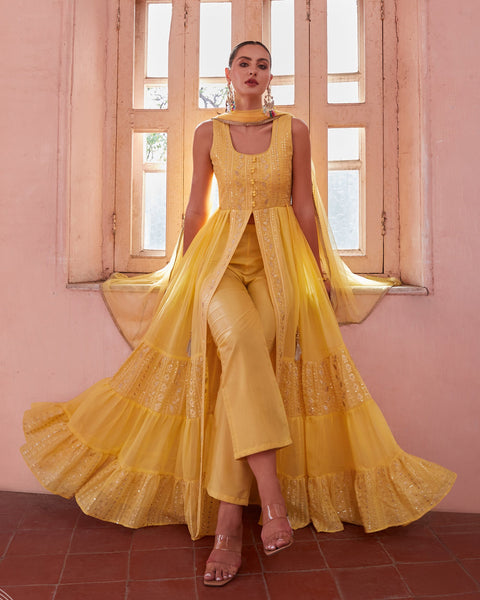 Yellow Thread & Zari Work Readymade Anarkali Suit In Georgette Fabric