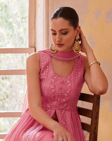 Pink Thread & Zari Work Readymade Anarkali Suit In Georgette Fabric