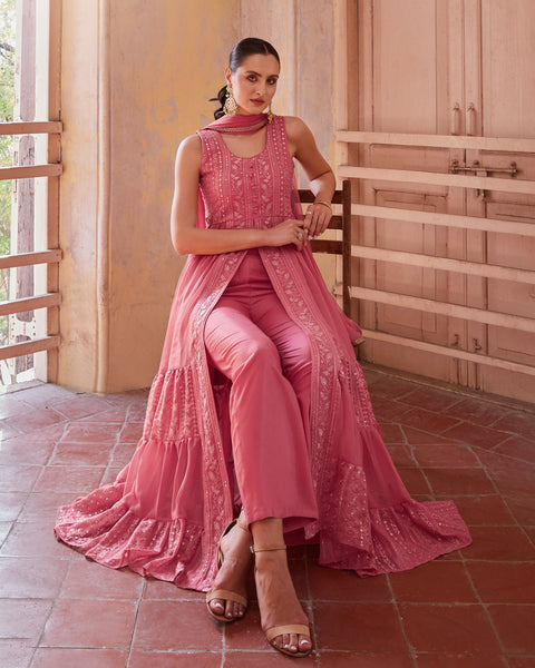 Pink Thread & Zari Work Readymade Anarkali Suit In Georgette Fabric