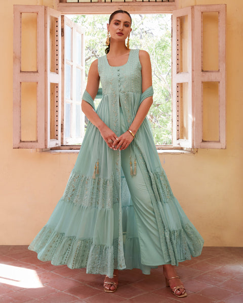 Blue Thread & Zari Work Readymade Anarkali Suit In Georgette Fabric