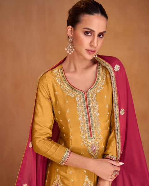 Yellow Chinnon Silk Readymade Kalidar Frock Suit With Pink Embroidered Palazzo