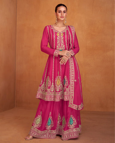 Pink Chinnon Silk Readymade Kalidar Frock Suit With Pink Embroidered Palazzo